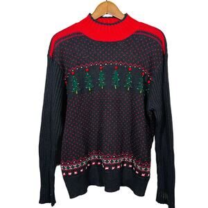 Villager Sport Classic Christmas Sweater Cowl NEck Black Red Tree Knit - XL